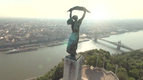 Aerial view of Budapest in Citadell - Liberty statue at sunrise, June 2016: Budapest, Hungary