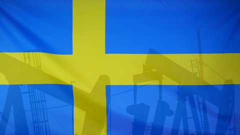 Concept oil production in Sweden oil pumps and swedish flag in slow motion movement