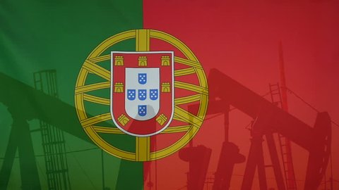 Concept oil production in Portugal oil pumps and portuguese flag in slow motion movement
