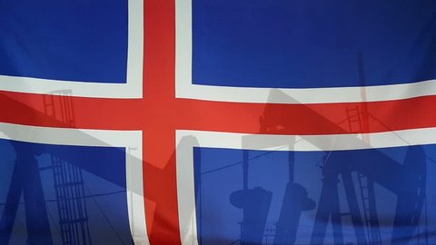 Concept oil import/export in Iceland oil pumps and icelandic flag in slow motion movement