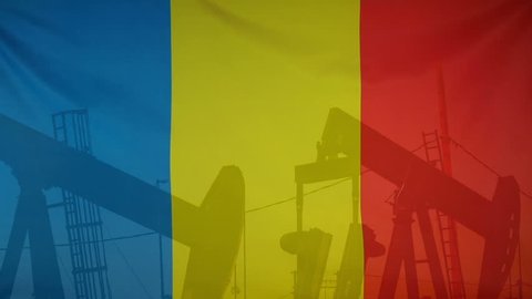 Concept oil production in Romania oil pumps and romanian flag in slow motion movement
