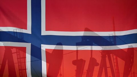 Concept oil production in Norway oil pumps and norwegian flag in slow motion movement