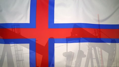 Concept oil production in Faroe Islands oil pumps and faroes flag in slow motion movement