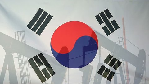 Concept oil production in South Korea oil pumps and south korean flag in slow motion movement
