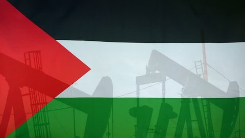 Concept oil production in State of Palestine oil pumps and palestinian flag in slow motion movement