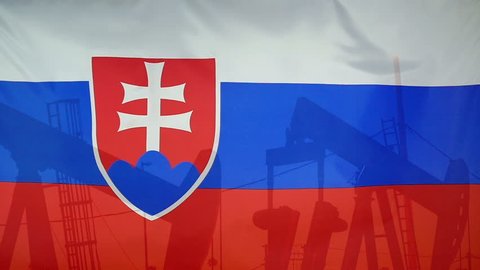 Concept oil production in Slovakia oil pumps and slovak flag in slow motion movement
