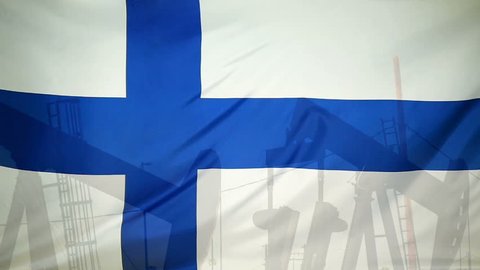 Concept oil production in Finland oil pumps and finnish flag in slow motion movement