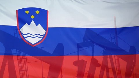 Concept oil production in Slovenia oil pumps and slovenian flag in slow motion movement