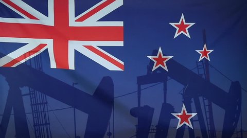 Concept oil production in New Zealand oil pumps and flag in slow motion movement