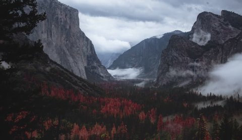 A time lapse of stormy clouds moving throughout Yosemite's iconic Tunnel View valley. 