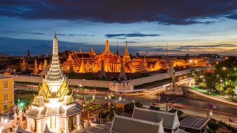 Bangkok, Thailand Grand Palace and Wat Phra Kaew Temple skyline from day to night.