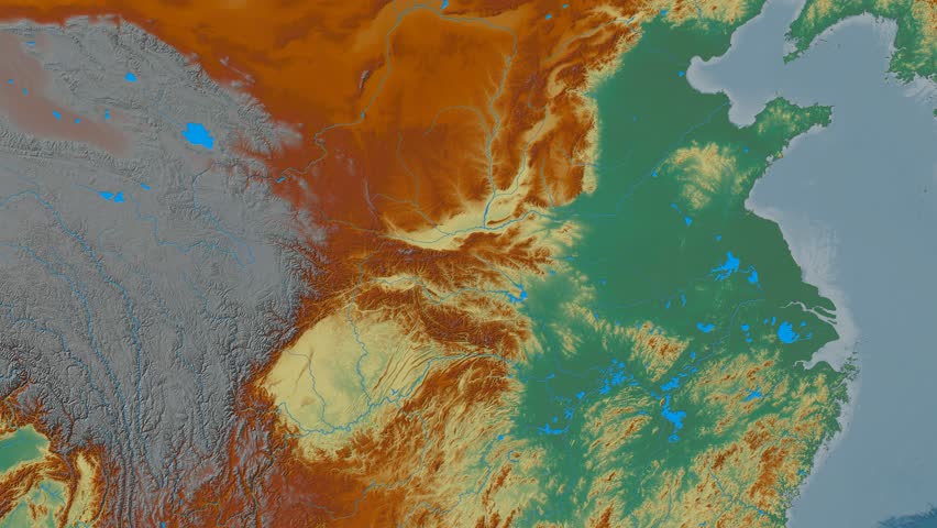 Zoom into Qinling mountain range - masks. Relief map. High resolution ASTER GDEM data textured