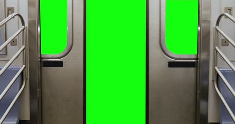 A New York City subway car's doors open to reveal a green screen for your custom content.  	