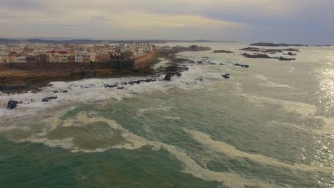 Morocco: Aerial view of the coast/cliffs and medina of Essaouira near Marrakech/Marrakesh in Morocco, Africa filmed by a drone 3/3