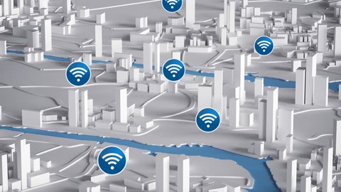 Aerial View of City Buildings 3D Rendering With Blue Wifi Icon Map 4K Animation 