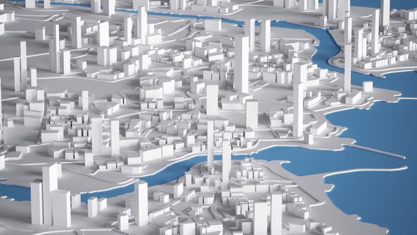 Aerial View of City Buildings 3D Rendering With Red Shopping Icon Map 4K Animation 