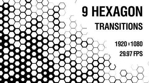 Nine black and white Luma Matte Hexagon Transitions. Motion graphics package with 9 unique fullHD transitions. These clips are suitable for any video editing software that supports QuickTime format.