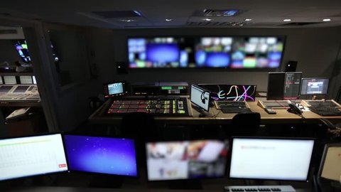 Broadcast Tv Studio Production - Vision Switcher, Control Room - Dolly Moving Right