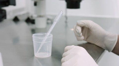 Close up of embryologist's hands in protective gloves take sperm sample from collection container in test tube with disposable wholesale plastic pipette in biological safety cabinet, ivf procedure.