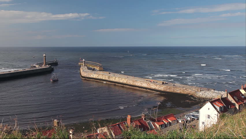 Replica Of Captain Cooks Endeavor & Twin Piers; Whitby North Yorkshire England