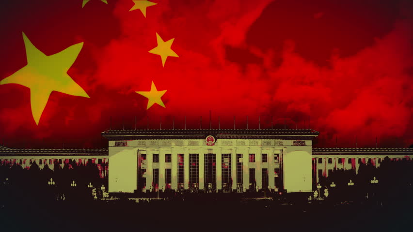 Motion graphic of Chinese Flag waving behind Great Hall of the people, Beijing