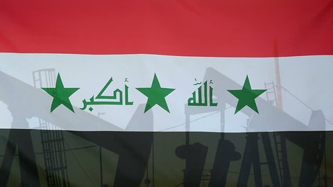 Concept oil production in Iraq oil pumps and iraqi flag in slow motion movement