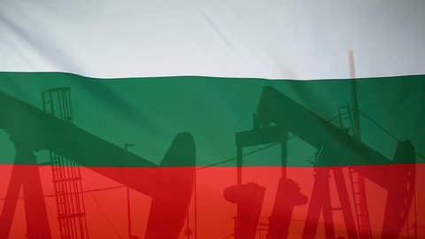 Concept oil production in Bulgaria oil pumps and bulgerian flag in slow motion movement