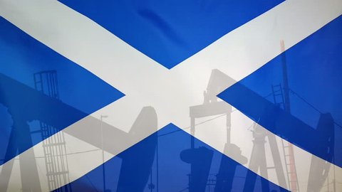 Concept oil production in Scotland oil pumps and scottish flag in slow motion movement