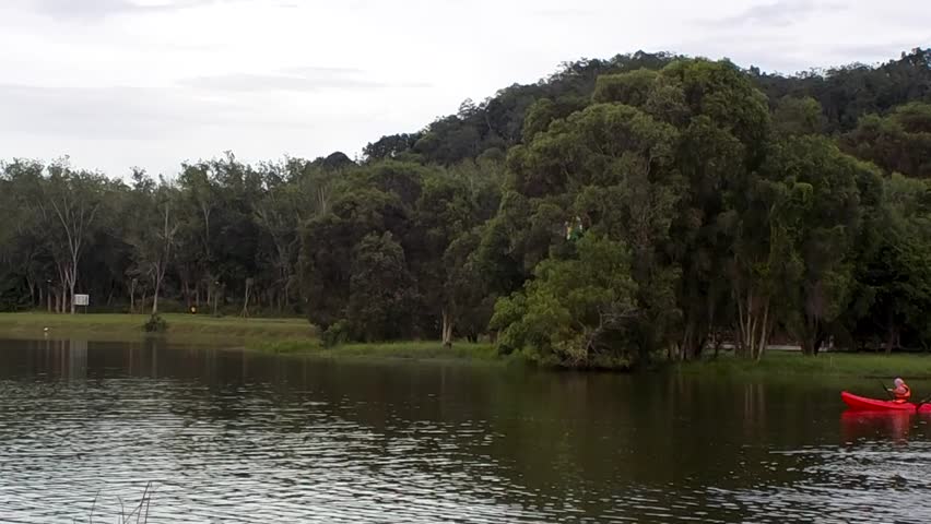 People playing red canoe on lake