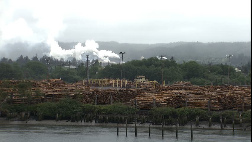 steaming lumber mill with log yard in foreground near Aberdeen, Washington on cloudy morning