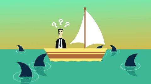 Colorful animation of helpless businessman on a small boat which surrounded by sharks ready to attack seamless loop with space for your text or message. Business risk, challenge, forecast concept.