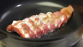 Fried Pork Ribs In A Pan, Closeup
