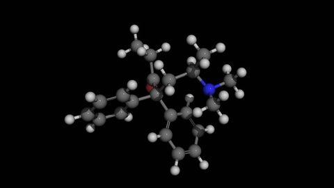 methadone molecule model rotating. Methadone is an opioid used to treat pain and as maintenance therapy or to help with detoxification in people with opioid dependence