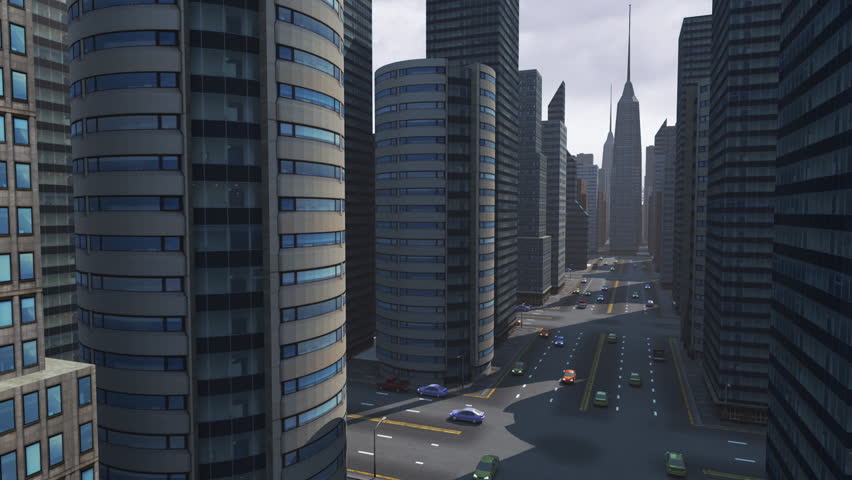 Animation of a virtual city. Several cars and an apache helicopter are passing
