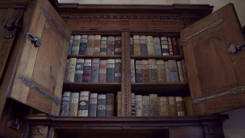 CZECH REPUBLIC - CIRCA APRIL 2016 - Old antique ancient book shelfs cupboard library, Prague Castle, Czech R.