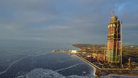 ST. PETERSBURG, RUSSIA - DEC 25, 2016. Aerial pano: Gulf of Finland and Construction of a largest in Europe high-altitude building - Lakhta Center, construction project in Saint Petersburg, Russia