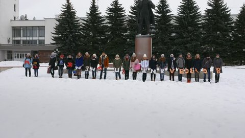 Mtsensk, Russia 20 Dec 2016. EDITORIAL - a life without abortion volunteers marching on the Central square of Mtsensk, with the aim of preserving life ("we are for life against abortion"). 4K