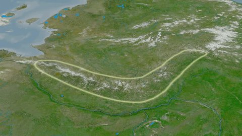 Revolution around Verkhoyansk mountain range - glowed. Satellite imagery. High resolution ASTER GDEM data textured
