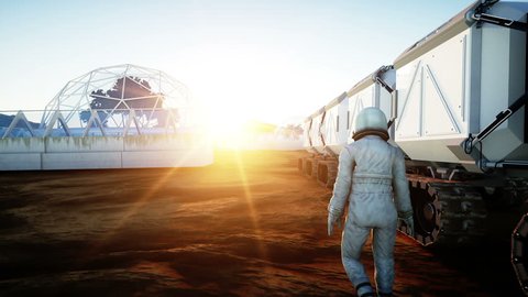 Astronaut and rover on alien planet. Martian on mars. Sci -fi concept. Realistic 4k animation.