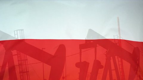 Concept oil production in Poland oil pumps and polish flag in slow motion movement