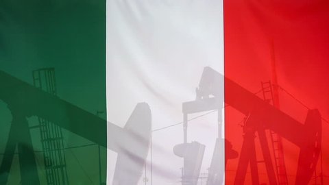 Concept oil production in Italy oil pumps and italian flag in slow motion movement