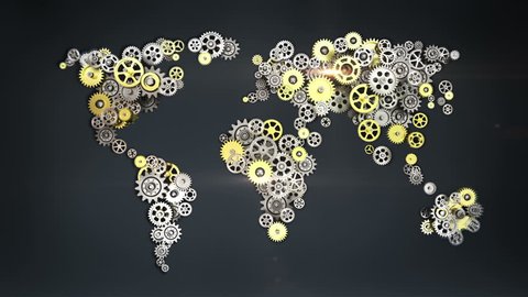 Steel golden gears making global world map. artificial intelligence. global technology.