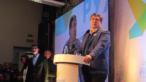 ZHYTOMYR, UKRAINE - February 28, 2016: Mikheil Saakashvili on anti-corruption forum at Medical college