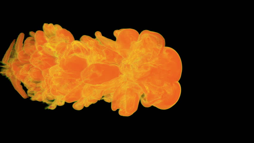stylized orange ink drop in water on a black background. 3d render. voxel graphics. computer simulation of smoke. Ink distribution in the water