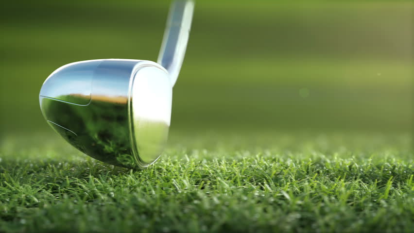 Golf club hits a golf ball in a super slow motion, in sunny morning. visible deformation of the ball, drops of dew and grass particles after impact raised in the air. Ultra-realistic 3D animation Royalty-Free Stock Footage #22588063