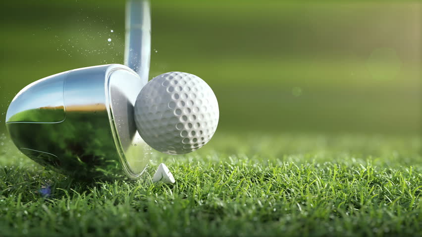 Golf club hits a golf ball in a super slow motion, in sunny morning. visible deformation of the ball, drops of dew and grass particles after impact raised in the air. Ultra-realistic 3D animation | Shutterstock HD Video #22588063