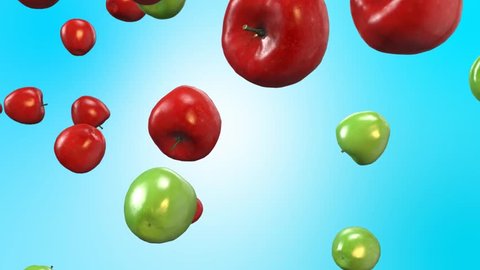 Green and red apples fall slow motion - 3D Render