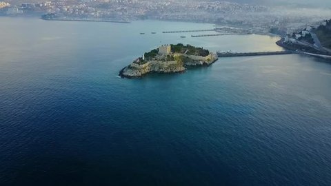 Kusadasi Pigeon Island and castle known as Guvercinada air footage