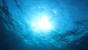 Underwater footage of blue ocean water with sunlight shining below the surface