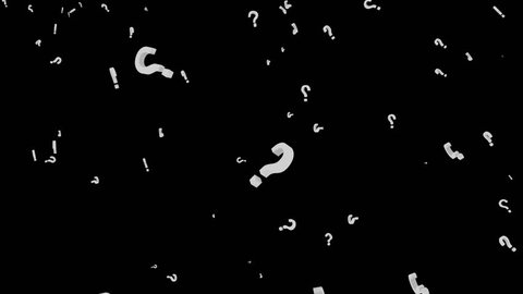 3D Animation of questions floating around randomly, against a black background. Simple colours and concept used for effect and illustration purposes. 